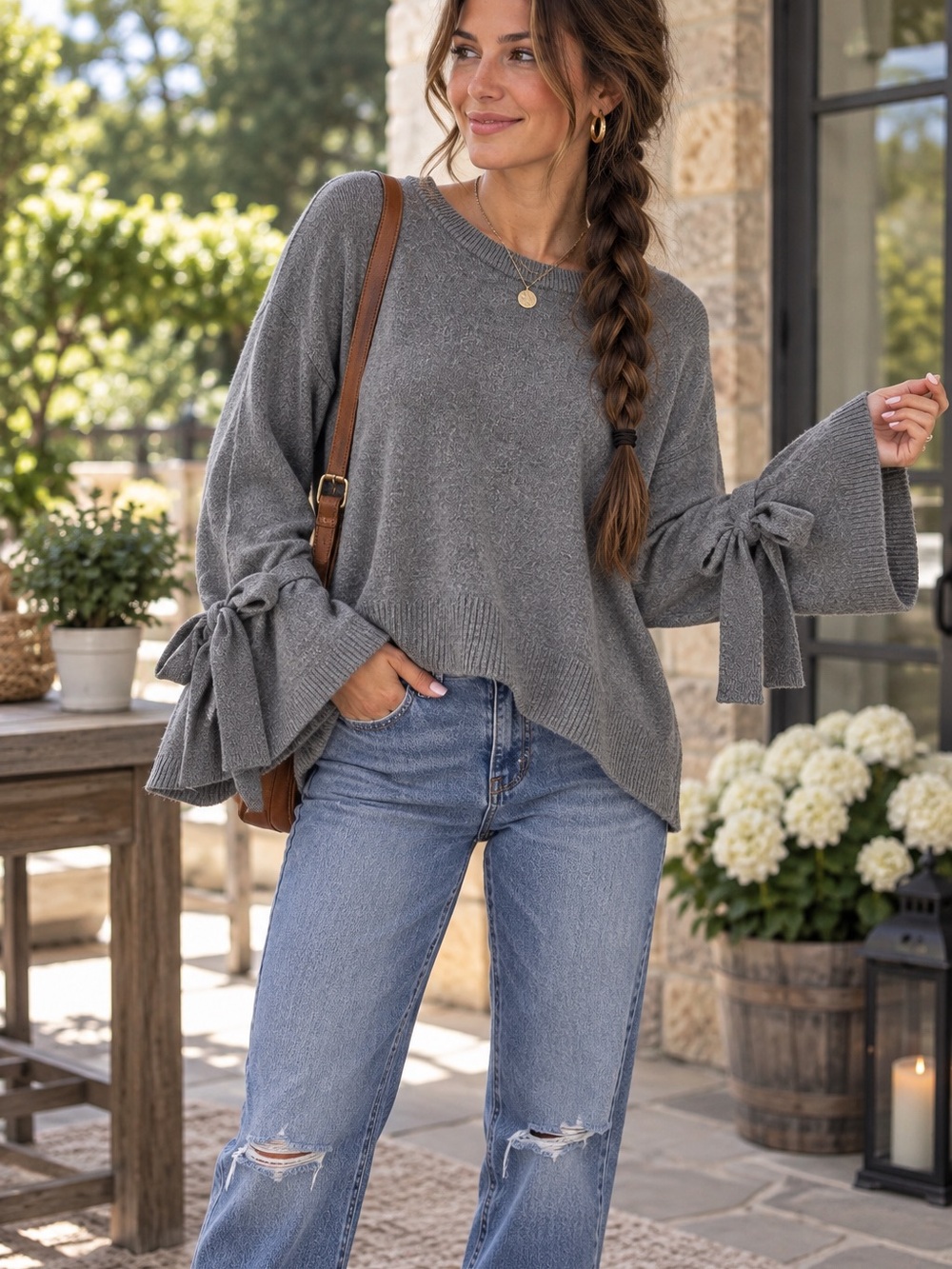 Madewell Gray Tie-Bell Sleeve Knit Pullover Sweater- Small